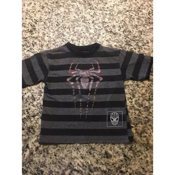 SPIDERMAN Boys Black Striped Tshirt Size 5/6 - - Picture 1 of 5